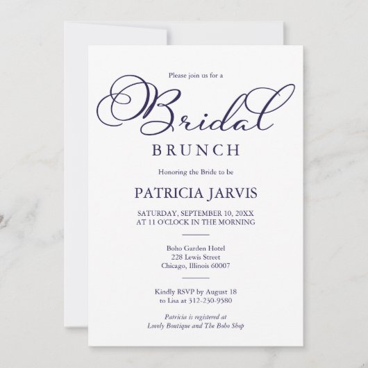 Invitation Simple Elegant Marine Bleu Script Bridal Brunch (Devant)