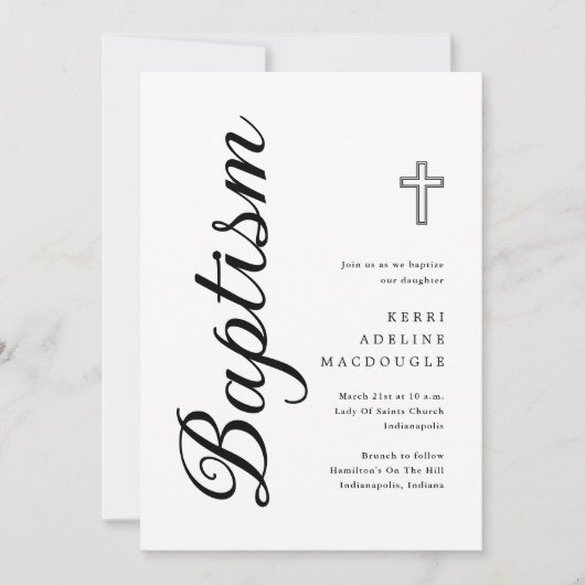 Invitation Simple Élégant Minimaliste Script Baptême (Devant)