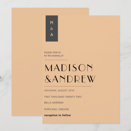 Invitation Simple Élégant Moderne Mariage Monogramme Noir Or (Devant / Derrière)