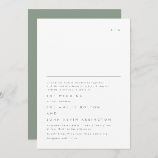 Invitation Simple Élégant Monogram Moss Mariage vert (Devant / Derrière)