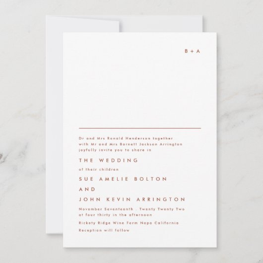 Invitation Simple Élégant Monogram Terracotta Mariage blanc (Devant)