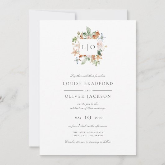 Invitation Simple Élégant Monogramme Couronne Fleurs Mariage (Devant)