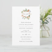 Invitation Simple Élégant Monogramme Couronne Fleurs Mariage (Debout devant)