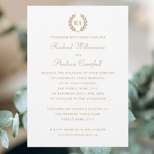 Invitation Simple Elegant Monogramme Mariage blanc or