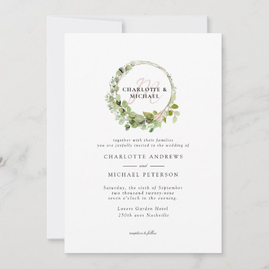Invitation Simple, élégant, monogramme mariage eucalyptus (Devant)