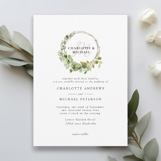 Invitation Simple, élégant, monogramme mariage eucalyptus