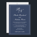 Invitation Simple Elégant Monogramme officiel Mariage bleu ma<br><div class="desc">Faire-part de mariage bleu marine de style traditionnel avec un design simple et classique avec vos deux monogrammes initiaux et vos noms dans une calligraphie élégante à l'intérieur d'une mince bordure. Tous les éléments de conception peuvent être modifiés dans l'outil d'édition de conception. Ces invitations de mariage élégantes sont parfaites...</div>