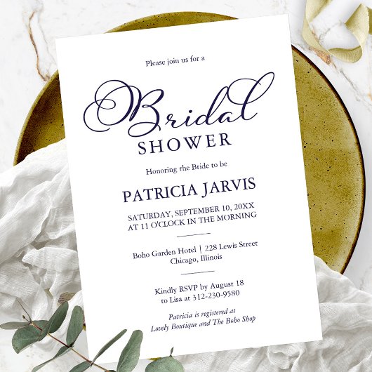 Invitation Simple Elegant Navy Fête des mariées de script ble