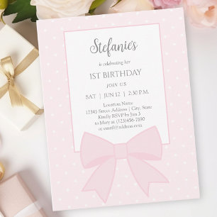 Invitation Simple Élégant Nœud Rose Pâle Douce 1er Anniversai