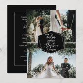 Invitation Simple élégant noir 3 grille de photos de mariage (Devant / Derrière)