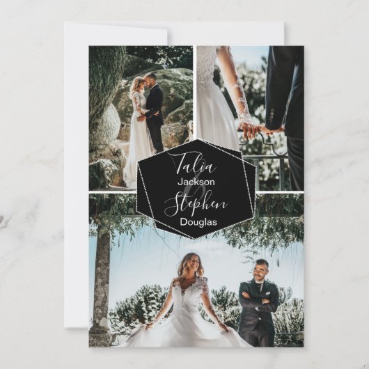 Invitation Simple élégant noir 3 photo grille mariage collage (Devant)