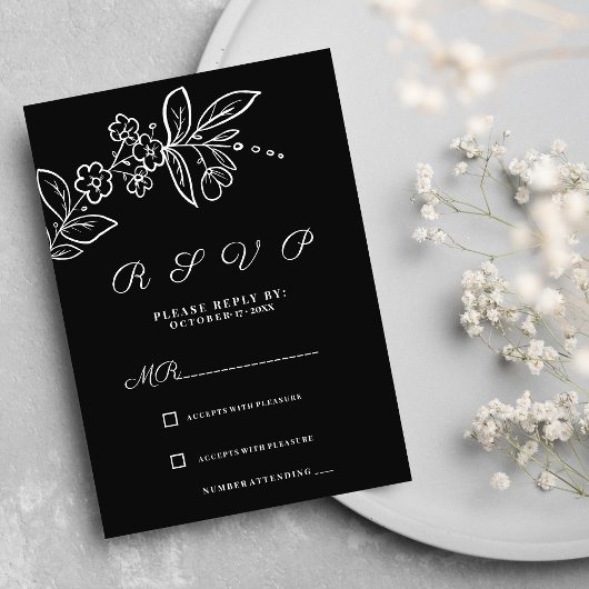 Invitation Simple élégant noir floral RSVP
