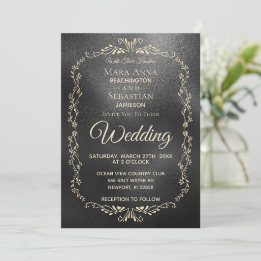 Invitation *~* Simple Elegant Noir Iridescente Mariage Or (Debout devant)