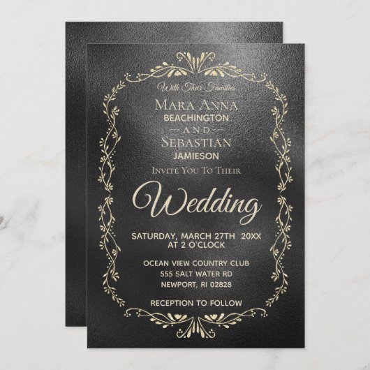 Invitation *~* Simple Elegant Noir Iridescente Mariage Or (Devant / Derrière)