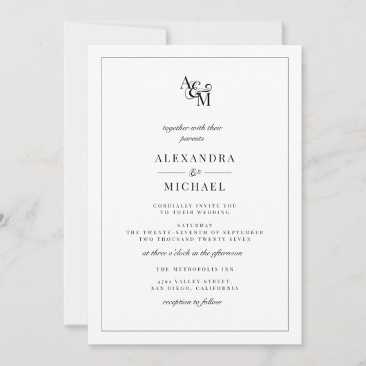 Invitation Simple Elegant noir Mariage Monogramme blanc (Devant)