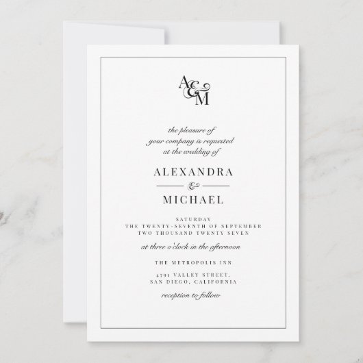 Invitation Simple Elegant noir Monogramme blanc Mariage RSVP (Devant)
