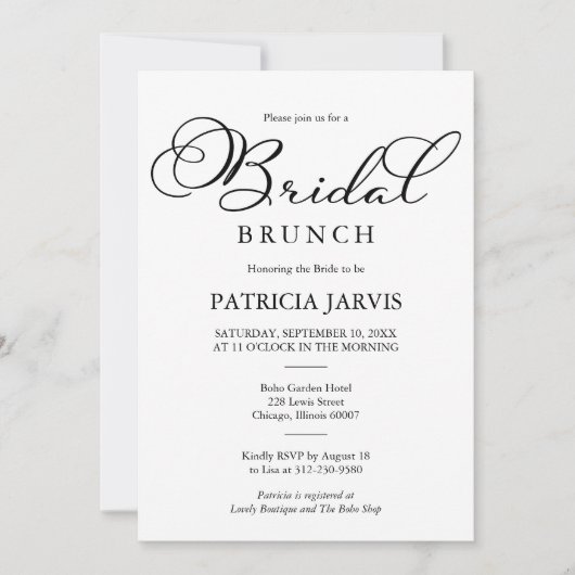 Invitation Simple Elegant Noir Script Bridal Brunch (Devant)