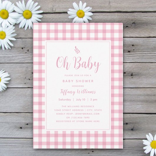 Invitation Simple Élégant Oh Baby Pink En vichy Baby shower