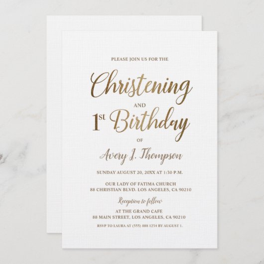 Invitation Simple Elegant Or Blanc Christening 1er anniversai (Devant / Derrière)