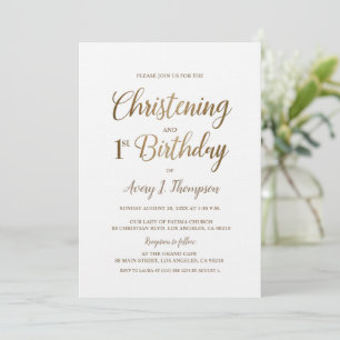 Invitation Simple Elegant Or Blanc Christening 1er anniversai