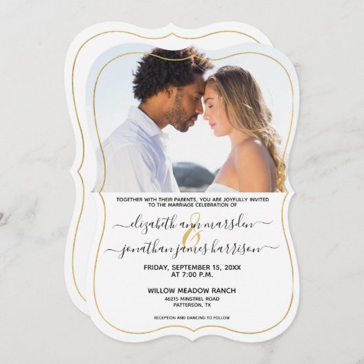 Invitation Simple Elegant Photo Gold Mariage noir (Devant / Derrière)