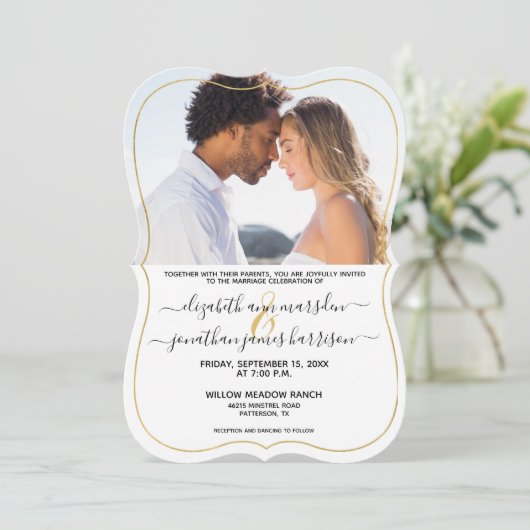 Invitation Simple Elegant Photo Gold Mariage noir (Debout devant)