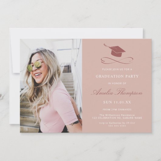 Invitation Simple Elegant Pink Photo Party Graduation (Devant)