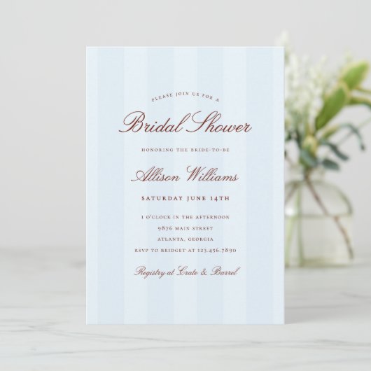 Invitation Simple Élégant Réception de Mariage à Rayures Bleu (Debout devant)