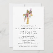 Invitation Simple Élégant Rose Bohème Floral Croix Baptême (Devant)