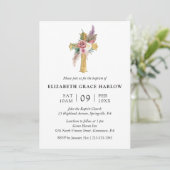 Invitation Simple Élégant Rose Bohème Floral Croix Baptême (Debout devant)