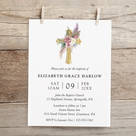 Invitation Simple Élégant Rose Bohème Floral Croix Baptême