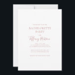 Invitation Simple Elegant Rose Gold Bachelorette<br><div class="desc">Cette simple et élégante invitation rose à la bachelorette or est parfaite pour votre classique minimaliste mariage rose or . Le design est composé d'une vintage classique minimaliste, d'une police d'or blush contemporaine et d'une calligraphie formelle romantique délicate. Il est parfait pour les mariages de luxe du printemps, de l'été,...</div>