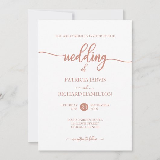 Invitation Simple Élégant Rose Or Calligraphie Mariage (Devant)