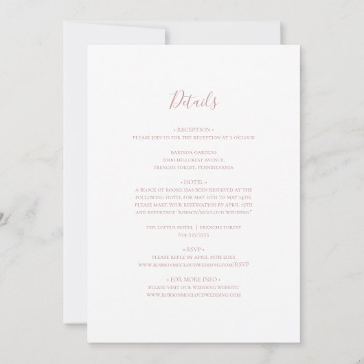 Invitation Simple Elegant Rose Or tout en un Mariage (Dos)