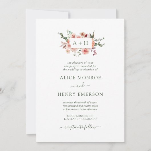 Invitation Simple Elégant rose pâle Roses Mariage vert (Devant)