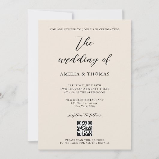 Invitation Simple Elegant Script de crème Photo QR Code Maria (Devant)