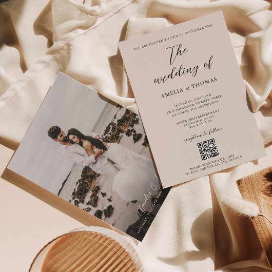 Invitation Simple Elegant Script de crème Photo QR Code Maria