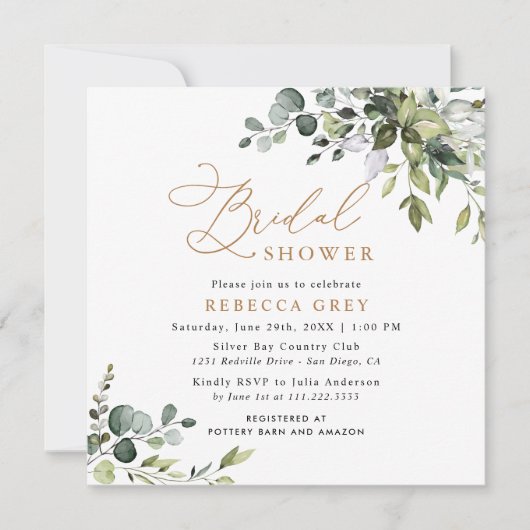 Invitation Simple Élégant Script Fête des mariées de verdure  (Devant)