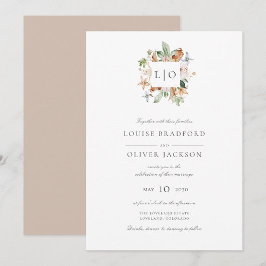 Invitation Simple Élégant Taupe Monogramme Aquarelle Mariage (Devant / Derrière)