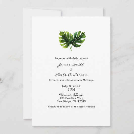 Invitation Simple Elegant Tropical Palm Feuille Mariage chic (Devant)