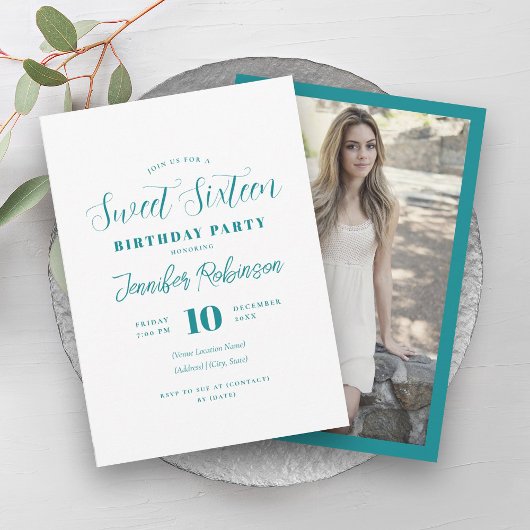 Invitation Simple Élégant Turquoise Photo Sweet 16 Seize