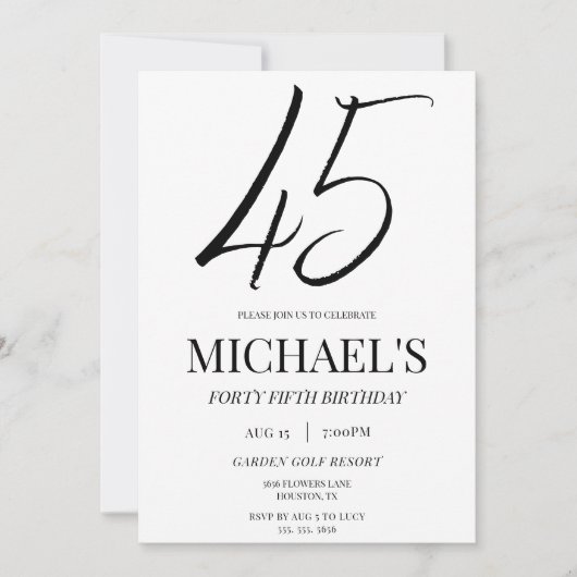 Invitation Simple Elegant Unisex 45e fête d'anniversaire (Devant)