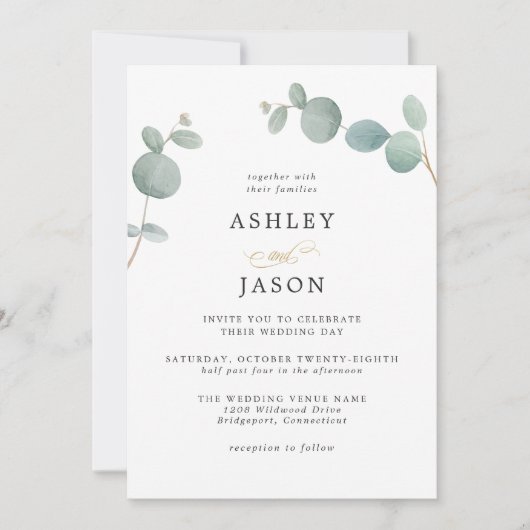 Invitation Simple Elégant Verdure Eucalyptus Mariage Feuille (Devant)