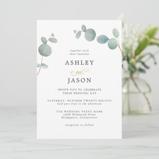 Invitation Simple Elégant Verdure Eucalyptus Mariage Feuille (Debout devant)