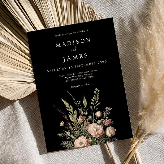 Invitation Simple Elegant Vintage Floral Mariage foncé
