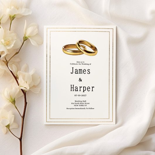Invitation Simple elegant white and gold rings Wedding 