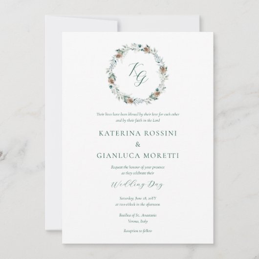 Invitation Simple Elegant Winter Greenery Mariage chrétien (Devant)