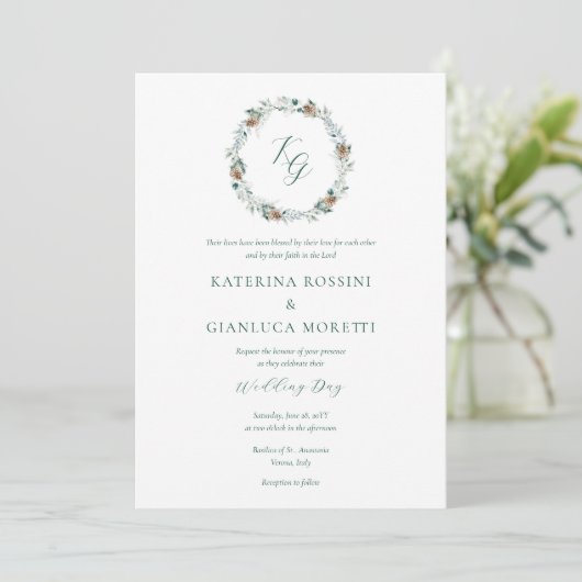 Invitation Simple Elegant Winter Greenery Mariage chrétien (Debout devant)