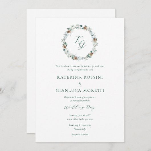 Invitation Simple Elegant Winter Greenery Mariage chrétien (Devant / Derrière)