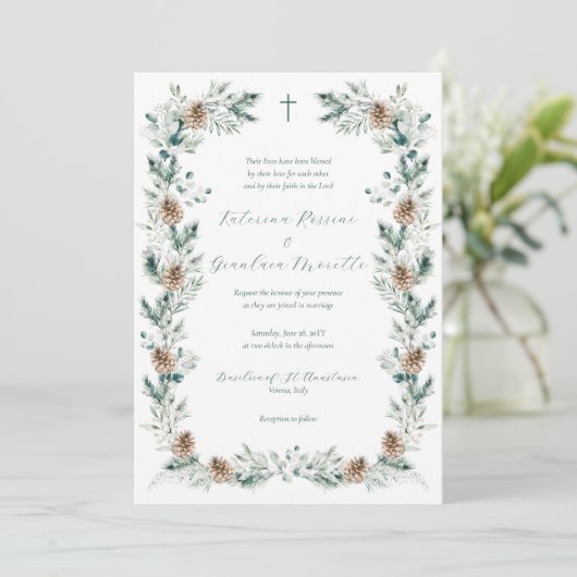 Invitation Simple Elegant Winter Greenery Mariage chrétien (Debout devant)
